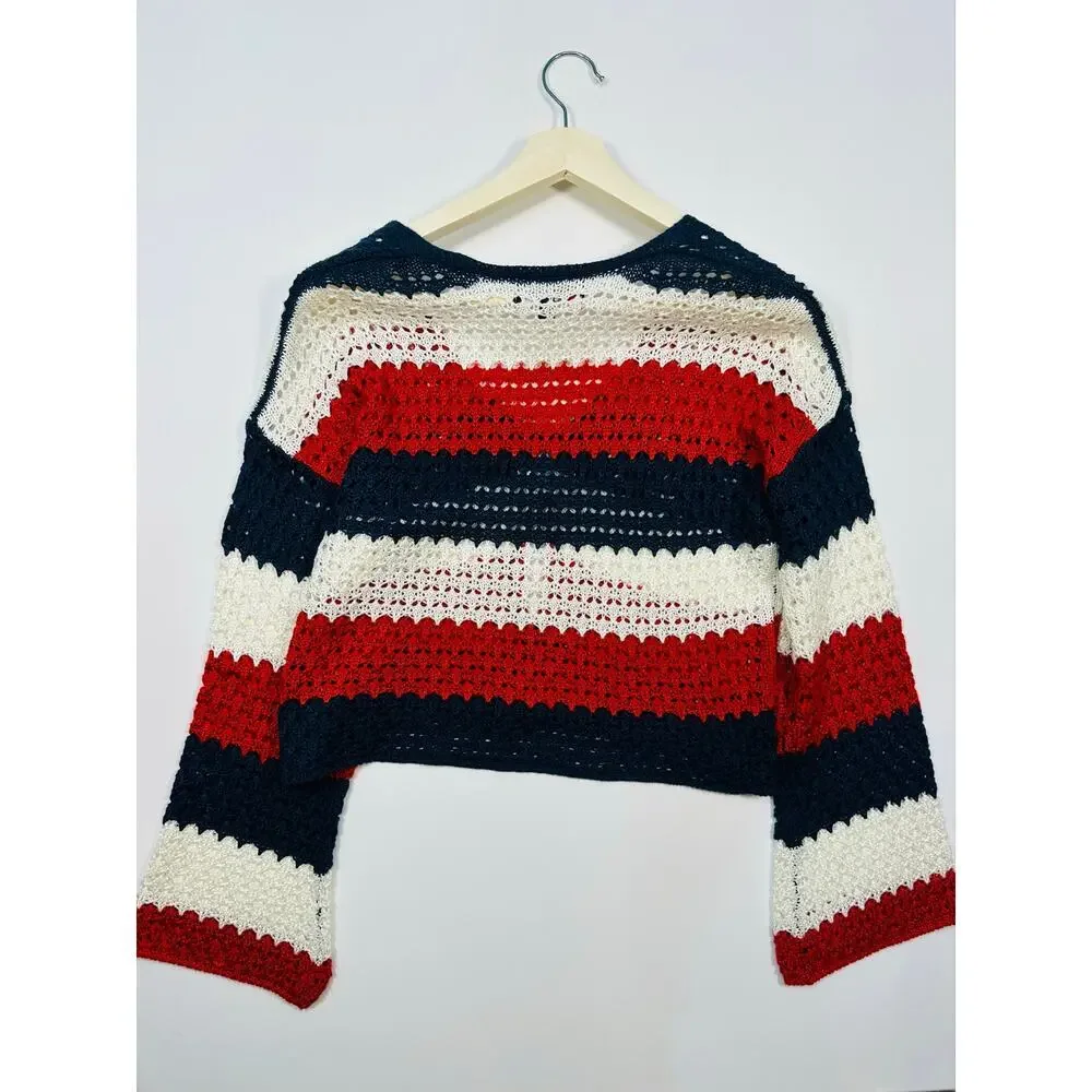 33 Degrees Crochet Cropped Striped Cardigan Sweater with Bell Sleeves Sz Medium - Picture 6 of 6